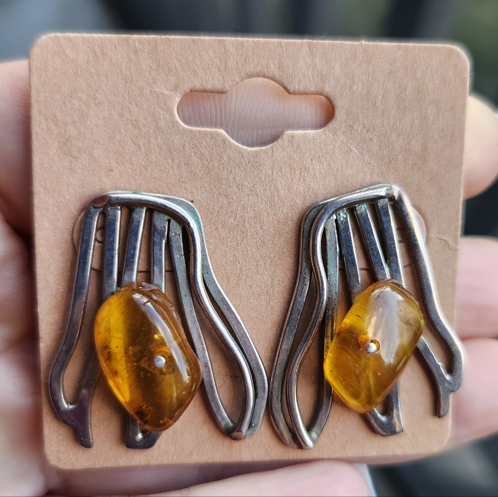 Handmade Sterling Silver 925 Figural Vintage Amber Post Back Earrings